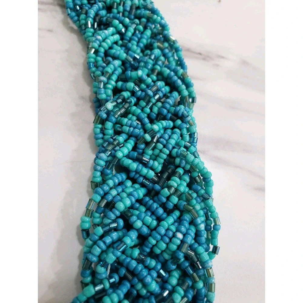 Blue Glass Seed Bead Necklace Braided Turquoise Colors‎ Boho Bohemian Chunky